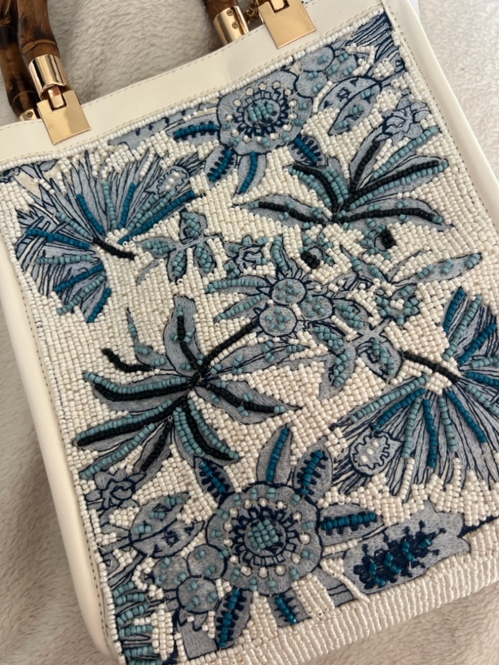 Embroidered Beaded Top-Handle Tote in Ivory and Blue - Picture 5 of 9